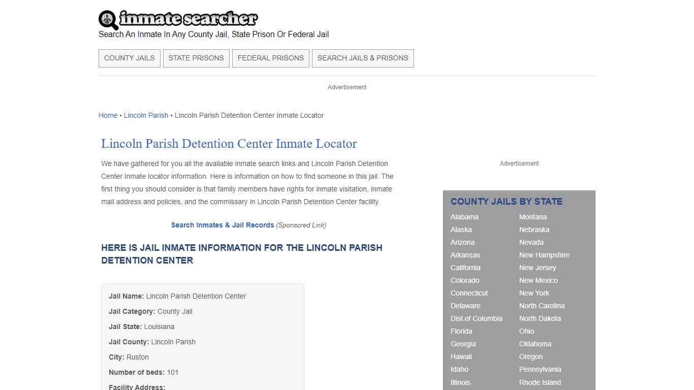 Lincoln Parish Detention Center Inmate Locator - Inmate Searcher